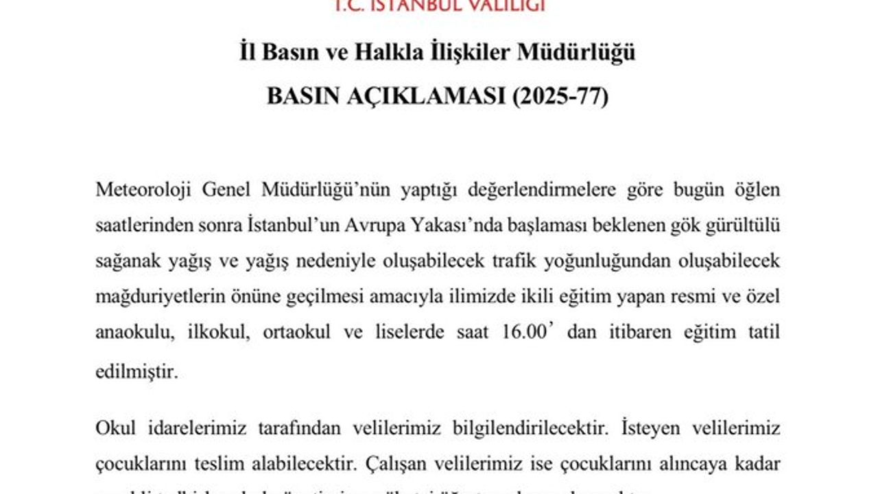 SON DAKİKA: İstanbul'da Eğitim Alarmı! Sağanak Yağış Nedeniyle Okullar Saat 16.00'dan İtibaren Tatil Edildi