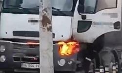 Beton kamyonu alev aldı, esnaf güçlükle söndürebildi