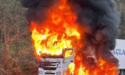 Rize'de arızalanan tır alev alev yandı