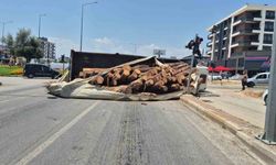 Kamyon kavşağa girerken devrildi, tomruklar yola savruldu