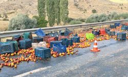 Tırın dorsesi yan yatınca şeftaliler yola saçıldı