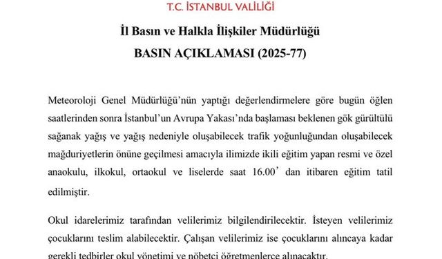 SON DAKİKA: İstanbul'da Eğitim Alarmı! Sağanak Yağış Nedeniyle Okullar Saat 16.00'dan İtibaren Tatil Edildi