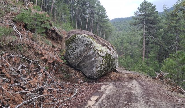 Sındırgı'daki depremin ardından Kütahya'da yamaçtan kopan kaya yolu kapattı