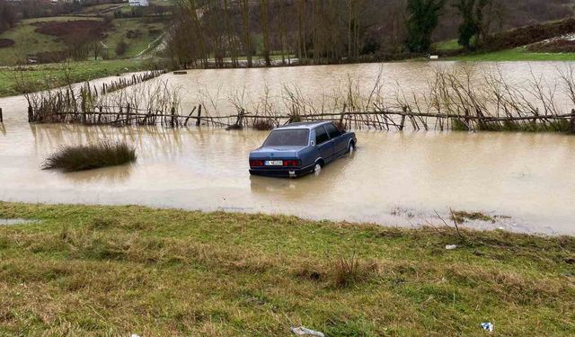Sinop'ta kontrolden çıkan otomobil su birikintisine düştü