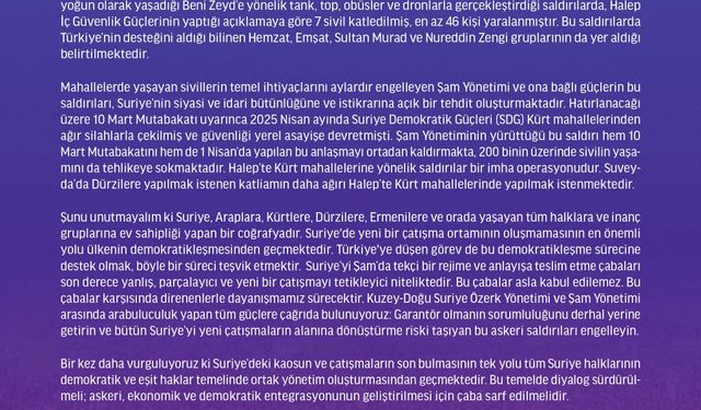 DEM Parti: Halep’te Kürt Mahallelerine Yönelik Saldırılar İmha Operasyonudur