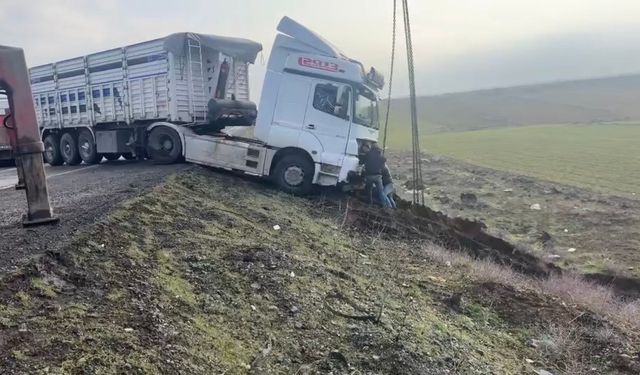 Mardin'de kontrolden çıkan tır yol kenarına savruldu