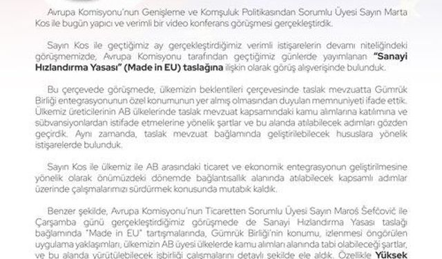 Bakan Bolat: 'AB ile ekonomik ve ticari başlıklarda yürüttüğümüz yakın istişarelerde, ikili entegrasyonumuzu derinleştirmek üzere çalışmaya devam edeceğiz'