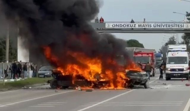 Samsun'da 5 araçlı zincirleme kaza: 3 otomobil alev alev yandı, 4 yaralı