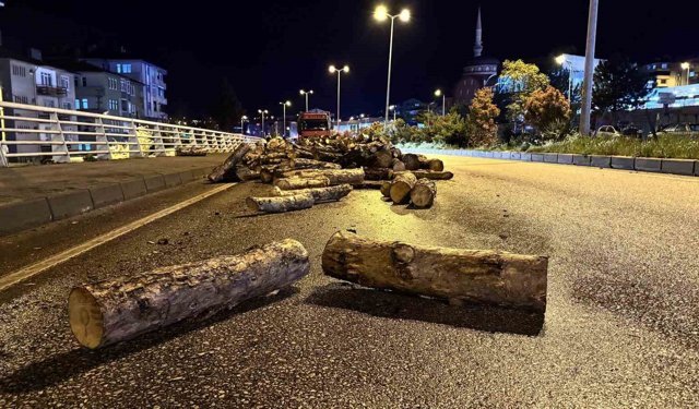 Seyir halindeki kamyonun damperi aniden kalktı, odunlar yola döküldü