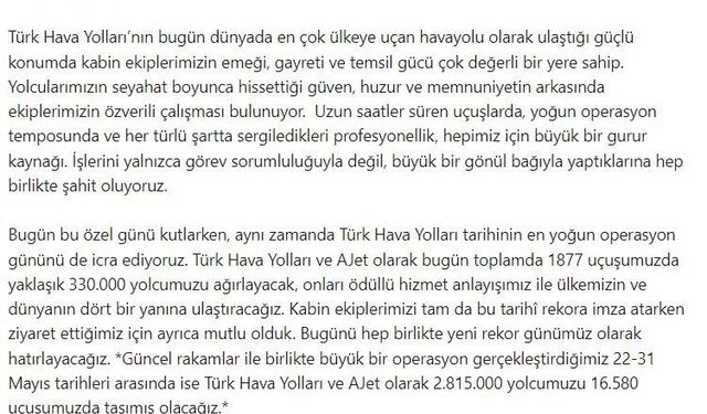 THY Yönetim Kurulu Başkanı Murat Şeker, Dünya Kabin Memurları Günü'nü kutladı