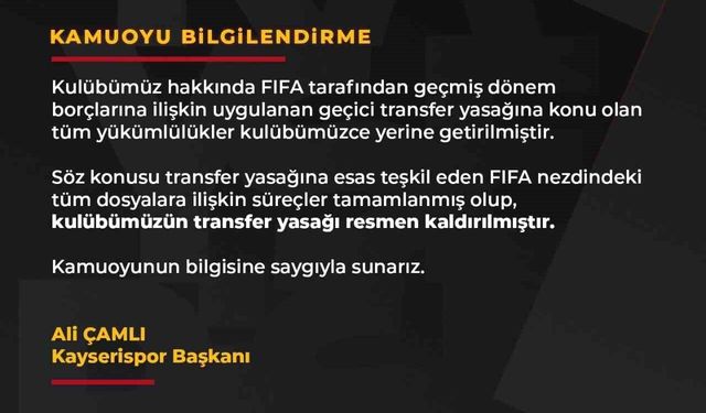 Başkan Çamlı müjdeyi verdi: 'Transfer yasağı kalktı'