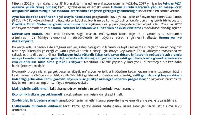 Memur-Sen'den OVP açıklaması: 'Kamu görevlisi ve emeklisinin görev aylığı ile emekli aylığı arasındaki makasın kapatılmasını bekliyoruz'