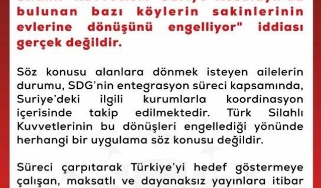 DMM'den, 'Türk Silahlı Kuvvetleri Suriye'de bazı köy sakinlerinin evlerine dönüşünü engelliyor' iddialarına yalanlama