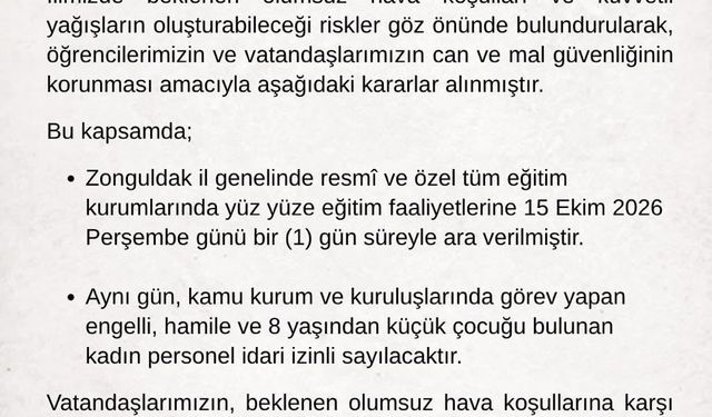 Zonguldak'ta eğitime bir gün ara verildi