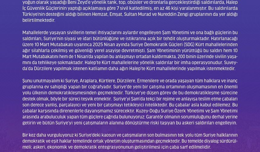 DEM Parti: Halep’te Kürt Mahallelerine Yönelik Saldırılar İmha Operasyonudur