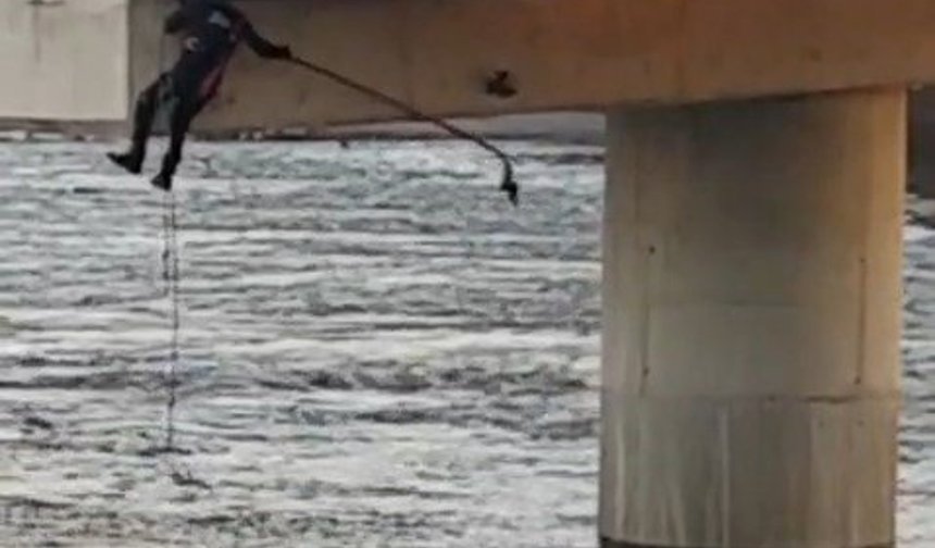 Asılı kalan güvercini halatla inip kurtardılar