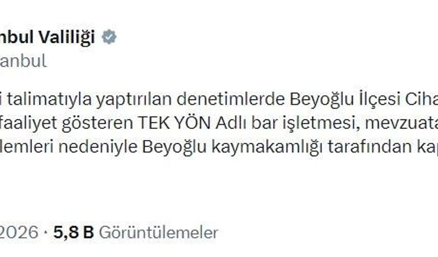 Beyoğlu'nda bir bar işletmesi kapatıldı
