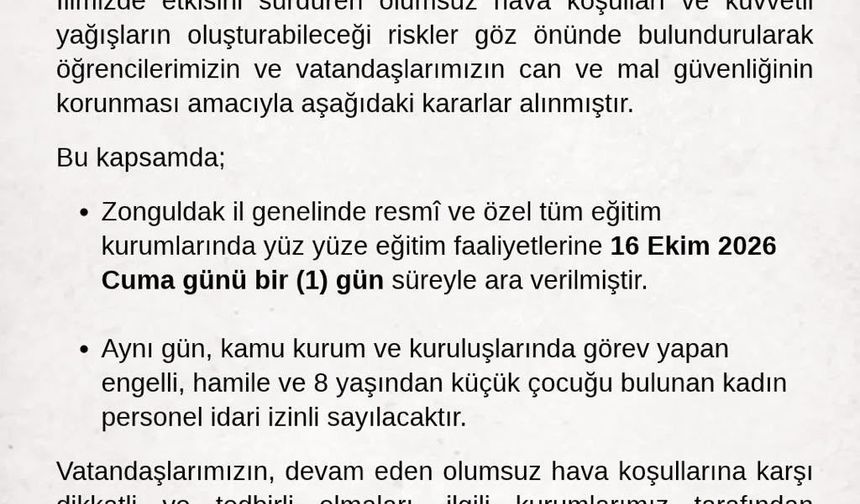 Zonguldak Valiliğinden yağış kararı: Okullara bir gün ara, bazı personele idari izin