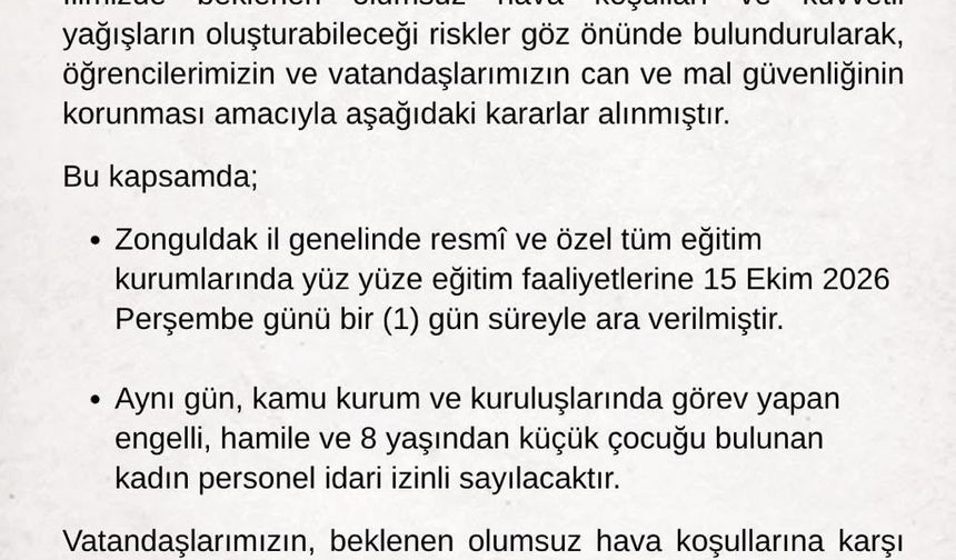 Zonguldak'ta eğitime bir gün ara verildi