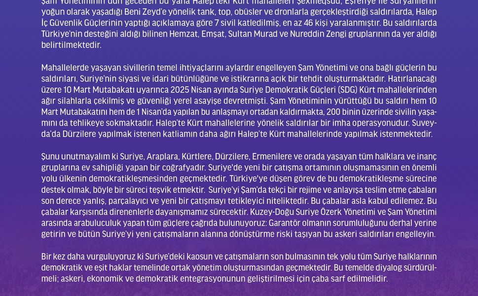 DEM Parti: Halep’te Kürt Mahallelerine Yönelik Saldırılar İmha Operasyonudur