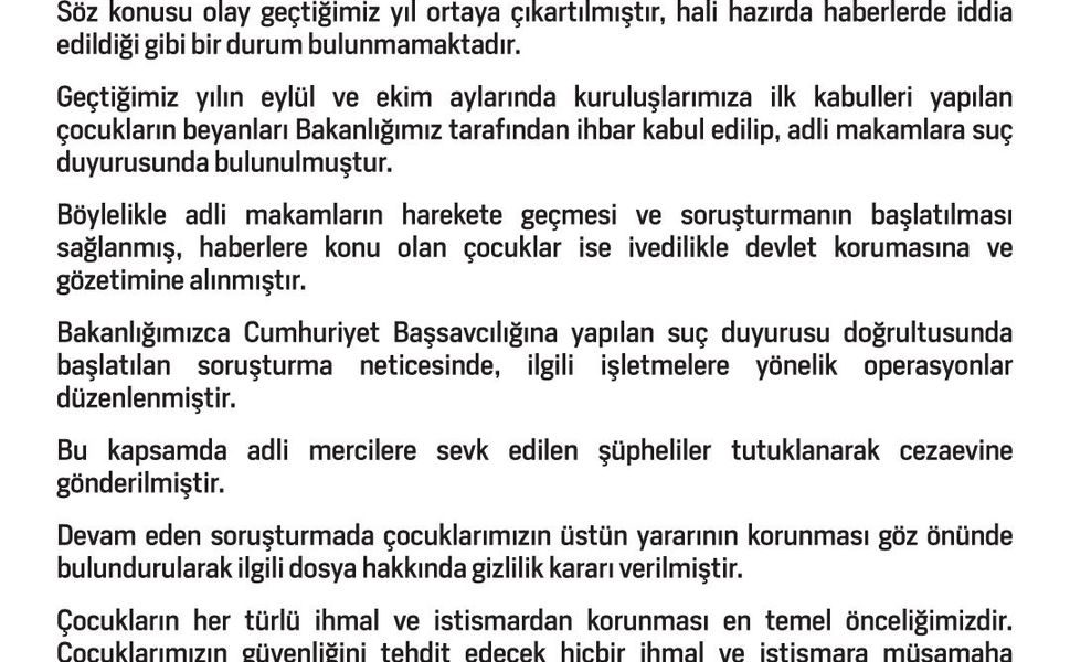 Aile ve Sosyal Hizmetler Bakanlığı: '(Gece kulüplerinde kız çocuklarının çalıştırıldığı iddiası) Söz konusu olay geçtiğimiz yıl ortaya çıkartılmıştır'