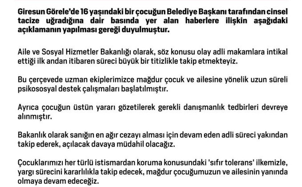 Aile ve Sosyal Hizmetler Bakanlığından Görele'deki taciz iddiasıyla ilgili açıklama: 'Sıfır toleransla, yargı sürecini kararlılıkla takip edeceğiz'