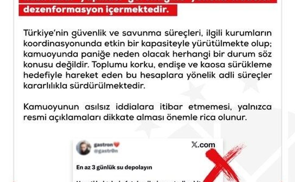 DMM: 'Savaş başlayacağı iddiasıyla vatandaşların hazırlıklar yapması gerektiğine yönelik ifadeler dezenformasyon içermektedir'