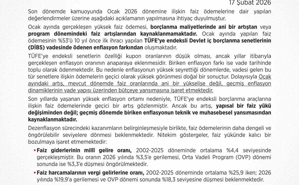 Hazine ve Maliye Bakanlığı: 'Enflasyonun yüksek seyrettiği dönemlerde ödemelerin geçici olarak yüksek görünmesi doğal bir sonuçtur'