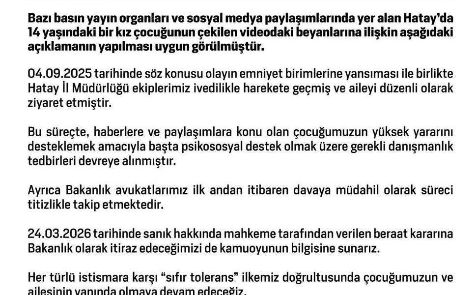 14 yaşındaki kız çocuğunun taciz iddialarına verilen beraat kararına Bakanlık itiraz edecek