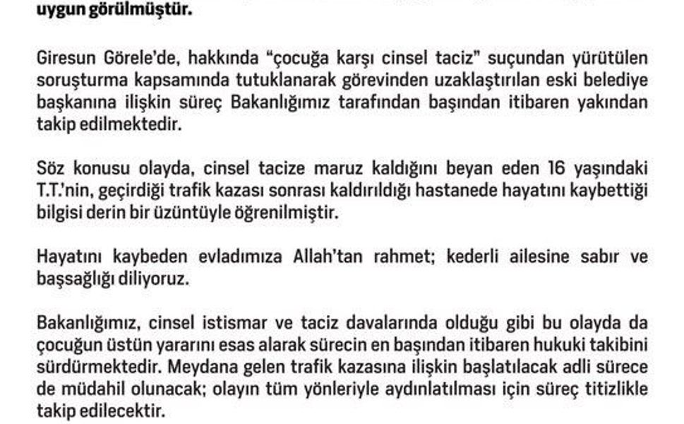 Aile ve Sosyal Hizmetler Bakanlığı: 'Çocuklara yönelik istismar ve ihmal karşısında sıfır toleransla hareket etmeye devam edeceğimizi vurguluyoruz'