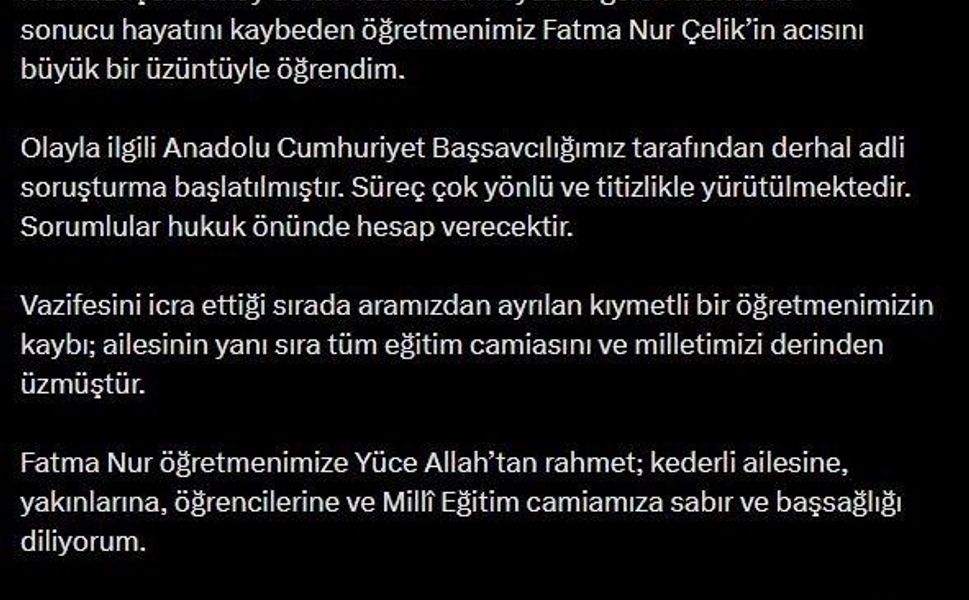 Bakan Gürlek: '(Öğretmen Fatma Nur Çelik) Olayla ilgili derhal adli soruşturma başlatılmıştır'