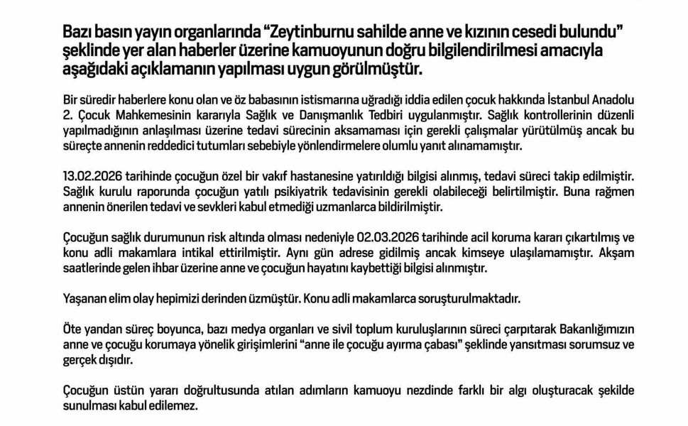 Bakanlıktan Zeytinburnu'ndaki anne ve çocuk ölümüyle ilgili açıklama