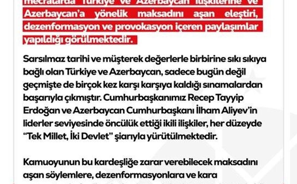 DMM'den Türkiye ve Azerbaycan ilişkilerine yönelik dezenformasyon içeren paylaşımlar hakkında açıklama