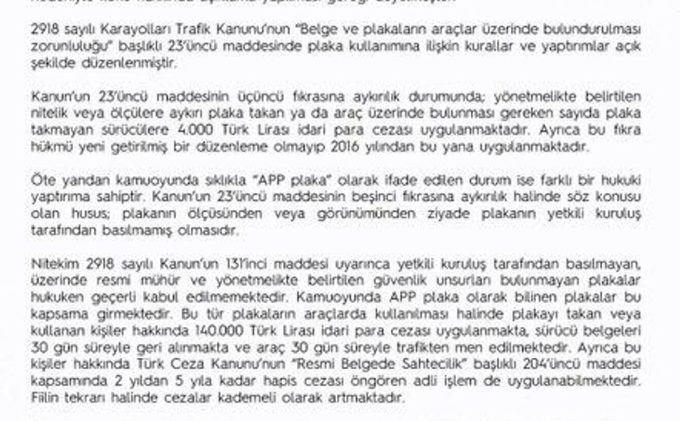 EGM'den ''APP plaka' açıklaması: Resmi mühür ve güvenlik unsurları bulunmayan plakaları kullananlara 140 bin lira ceza uygulanacak