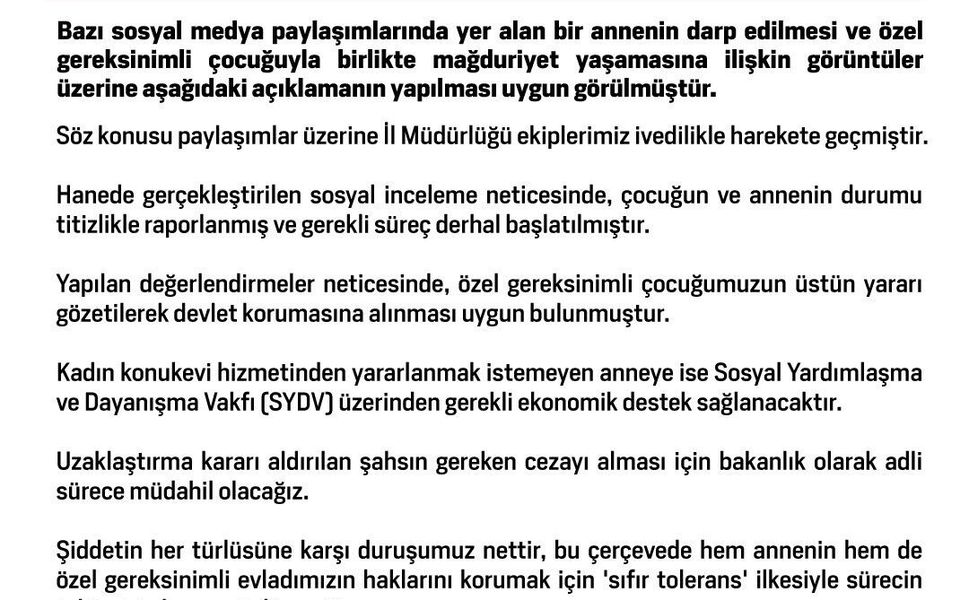 Aile ve Sosyal Hizmetler Bakanlığı: 'Özel gereksinimli çocuğumuzun devlet korumasına alınması uygun bulunmuştur'