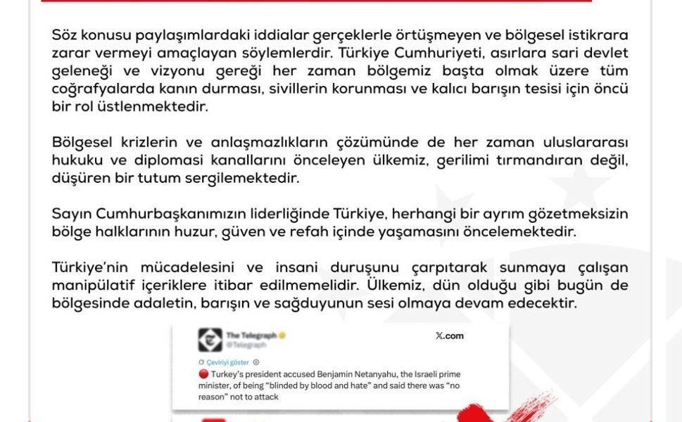 Dezenformasyonla Mücadele Merkezi: ''Türkiye'nin İsrail'e yönelik işgal tehdidinde bulunduğu' yönündeki iddialar tamamen asılsızdır'