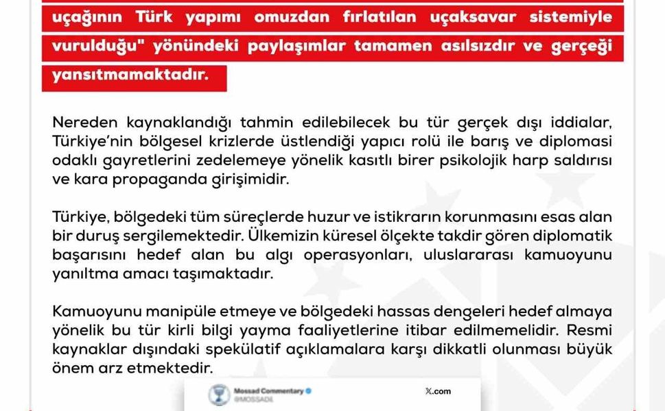 DMM'den ABD'nin F-15 savaş uçağının Türk yapımı omuzdan fırlatılan uçaksavar sistemiyle vurulduğu iddialarına yalanma