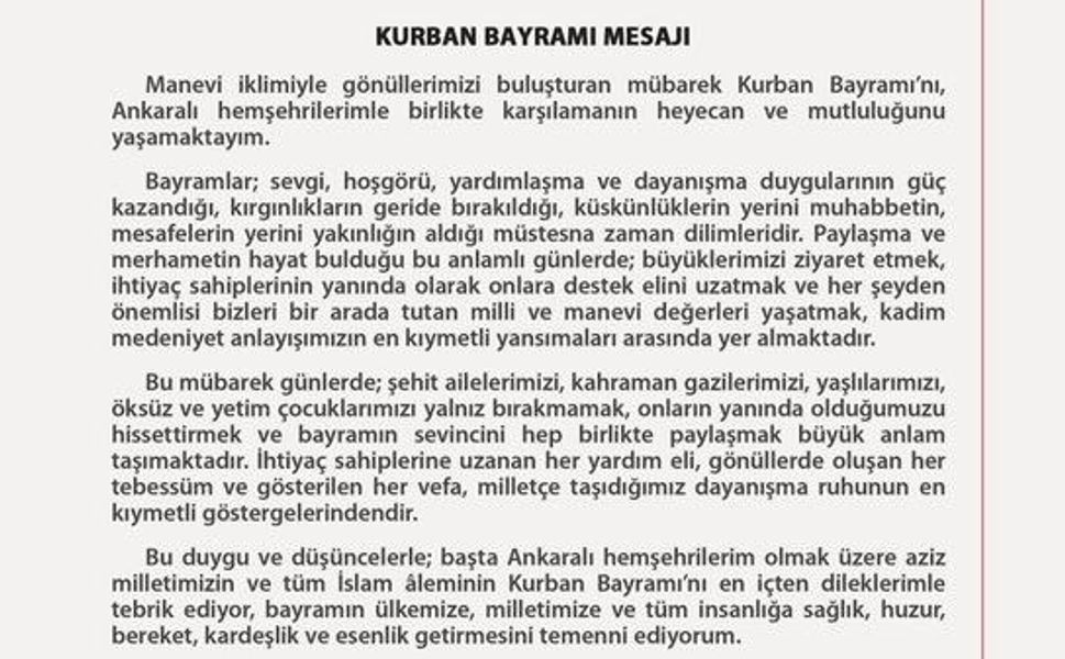 Ankara Valisi Canbolat'tan Kurban Bayramı mesajı