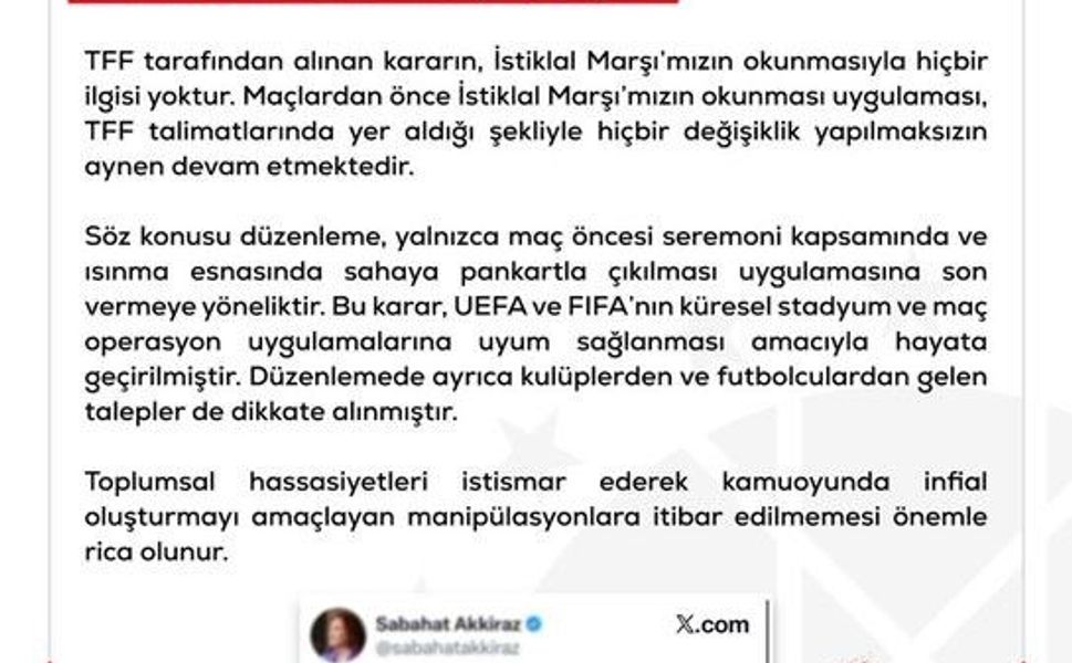 DMM'den maçlarda İstiklal Marşı uygulanması kaldırıldı iddialarına yalanlama