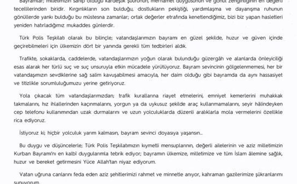 Emniyet Genel Müdürü Fidan'dan 'Kurban Bayramı' mesajı