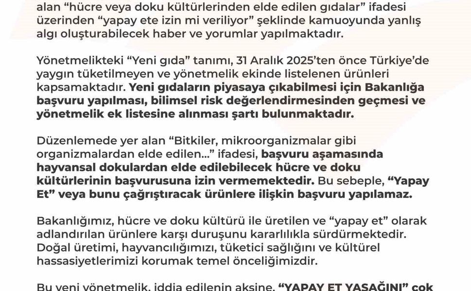 Tarım ve Orman Bakanlığı: 'Türkiye sınırları içinde yapay et üretimi ve tüketimi söz konusu değildir'