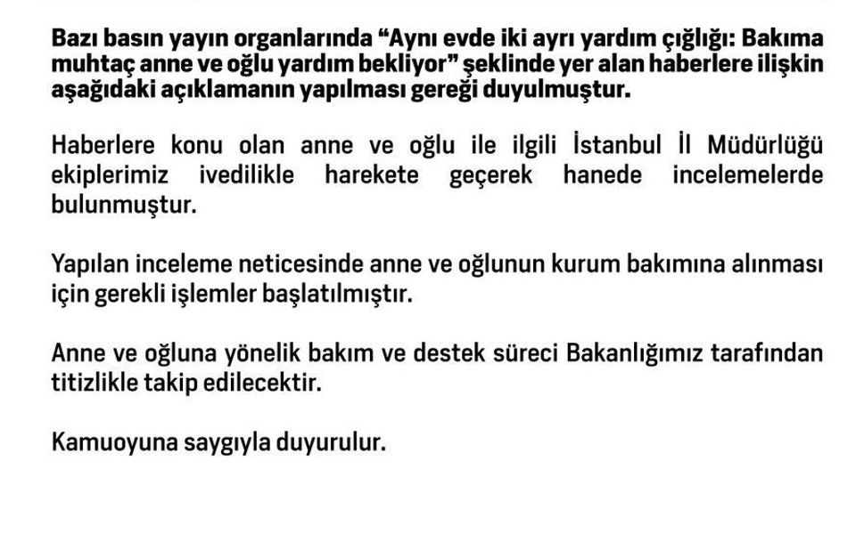 Bakanlıktan 'bakıma muhtaç anne ve oğlu' ile ilgili açıklama: 'Kurum bakımına alınmaları için gerekli işlemler başlatılmıştır'