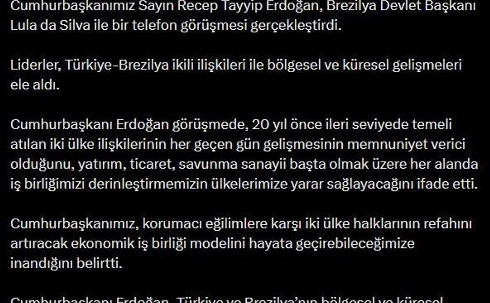 Cumhurbaşkanı Erdoğan, Brezilya Devlet Başkanı Silva ile telefonda görüştü