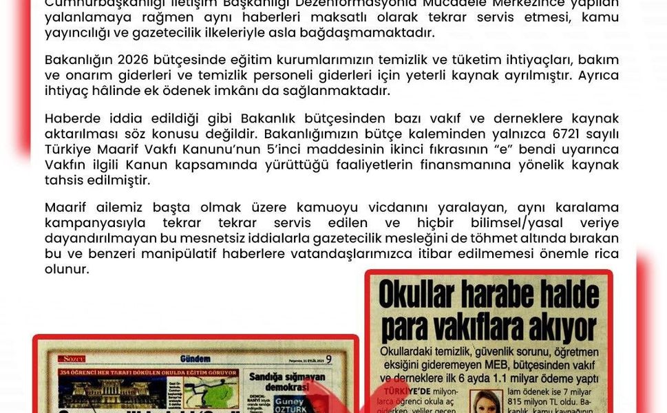 MEB Dezenformasyonla Mücadele: ''MEB, bütçesinden vakıf ve derneklere ilk 6 ayda 1,1 milyar ödeme yaptı' iddiası gerçeği yansıtmamaktadır'