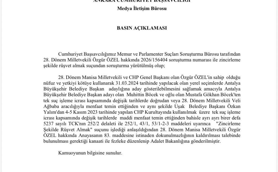 Özgür Özel'in dokunulmazlığının kaldırılması için hazırlanan fezleke Adalet Bakanlığına gönderildi