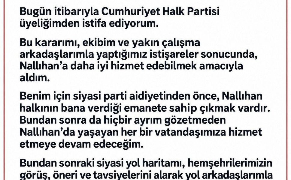 Nallıhan Belediye Başkanı Güngör, CHP'den istifa etti