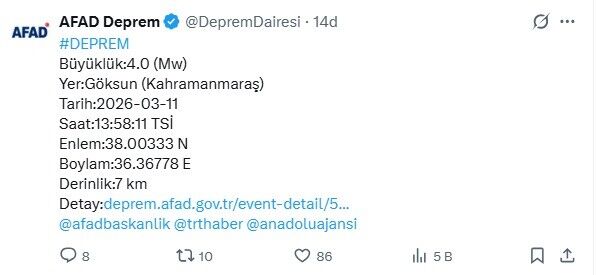 Kahramanmaraş'ta 4 büyüklüğünde deprem