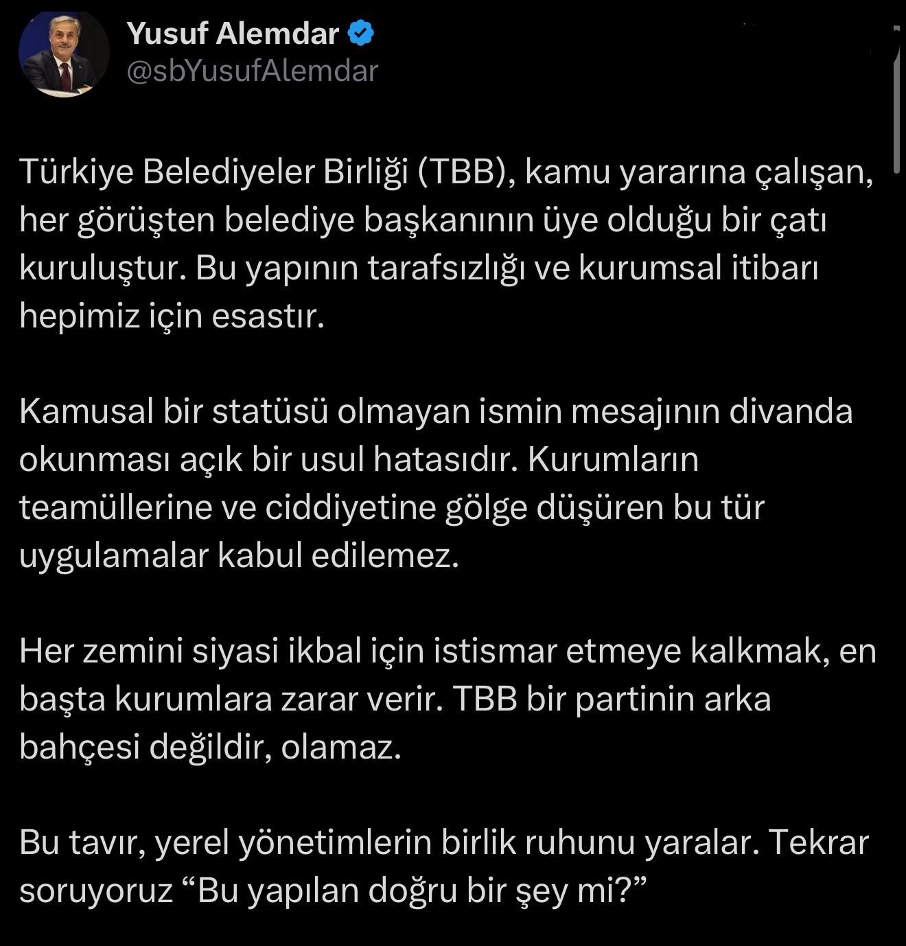 TBB'de kriz oluşturan 'mektup' gerginliği sonrası Alemdar'dan sert eleştiri