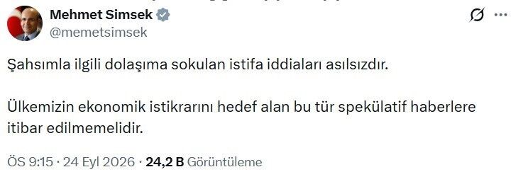 Hazine ve Maliye Bakanı Şimşek: 'Şahsımla ilgili istifa iddiaları asılsızdır'