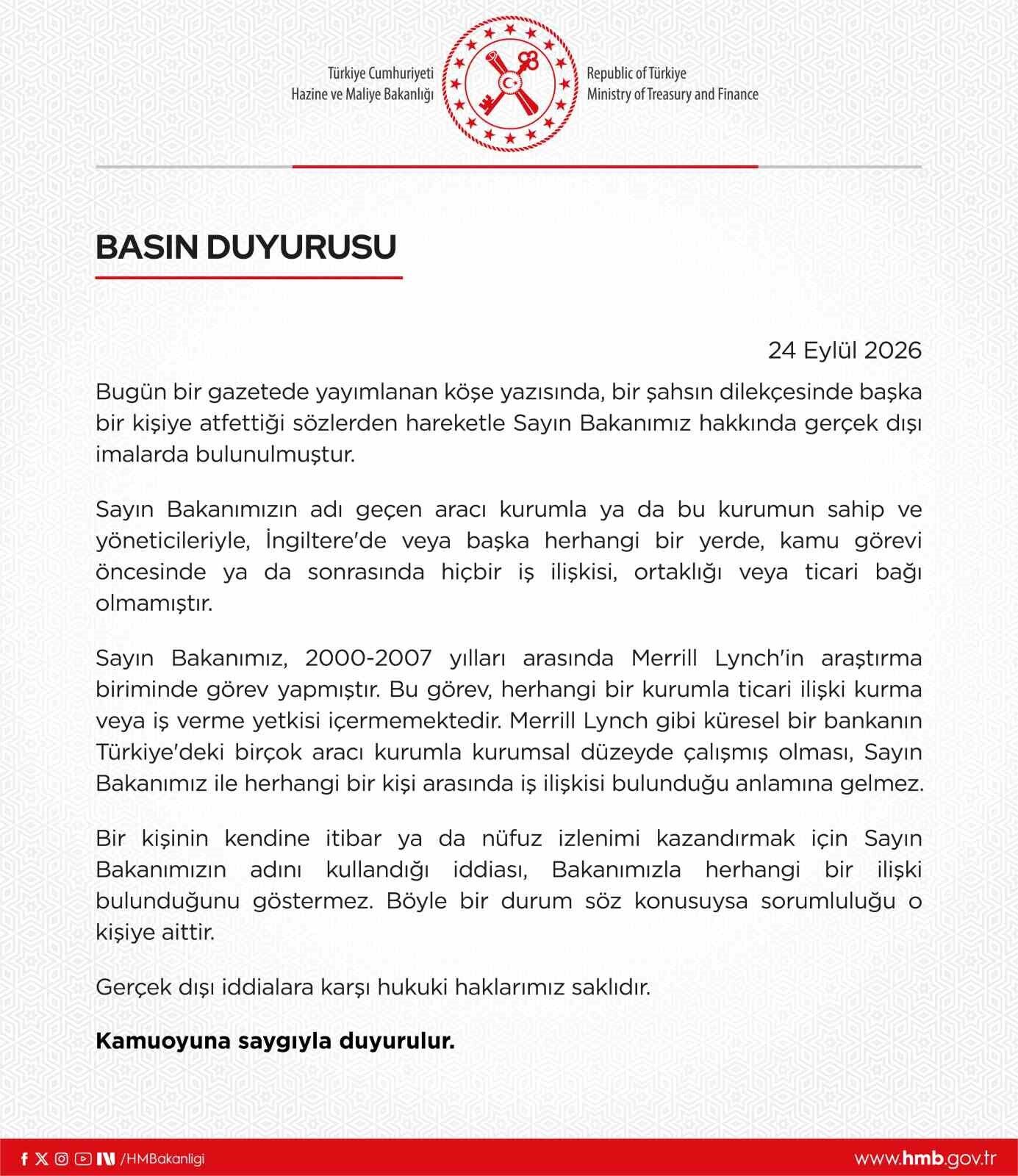 Hazine ve Maliye Bakanlığından Bakan Şimşek hakkındaki iddialara yalanlama